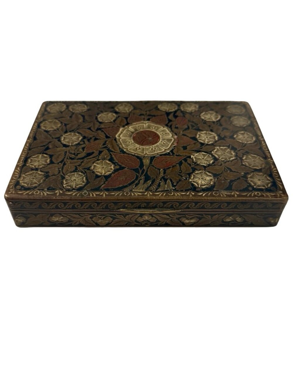 Vintage Pakistani Brass Clad Wood Trinket Box Floral Inlay Jewelry Box 6x4